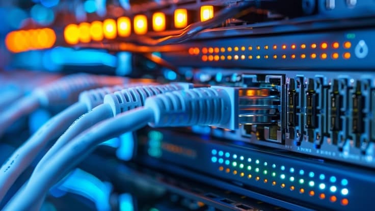 Close-up of illuminated network switch ports with patch cables and status LEDs