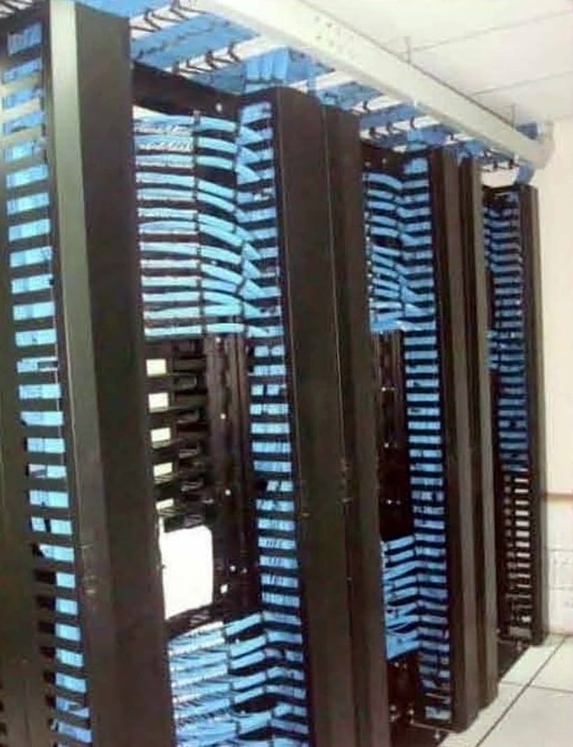 Blue patch cords dressed in rows down an open-bay equipment rack